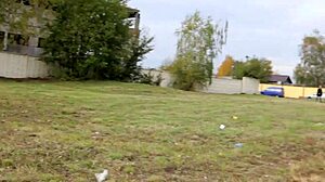 Brunette in tight leather leggings, high heels, and biker jacket dominates outdoors.