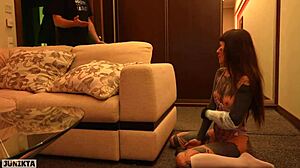 Naughty Brunette Begs Stepdad Punish Shaved Pussy With Rough Deepthroat Facial