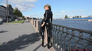 Latex Mona Teases Tight Suit Heels Down Street