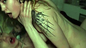 Tattooed babe from party bent over moaning cumming!