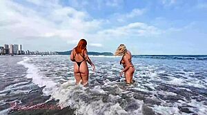 puta flashes pussy and ass on beach with amiga