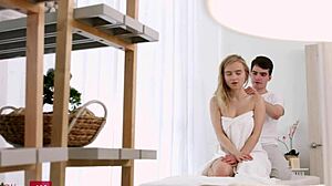 blonde teen's massage turns into shaved pussy doggy cumshot frenzy?