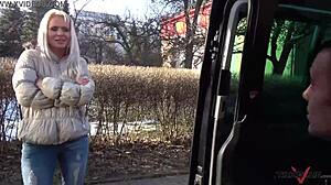 sloppy czech blonde slut rides huge cock in public car backseat