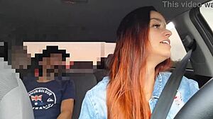 rideshare driver catches passenger jerking off gives him car handjob blowjob creampie dirty talk flashing redhead