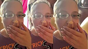 Kinky glasses girl chews asmr bubble gum for headphones