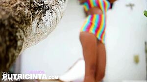 Pretty Tanned Putri Cinta Gropes Bald Pussy and Boobs