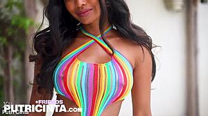 Pretty Tanned Putri Cinta Gropes Bald Pussy and Boobs