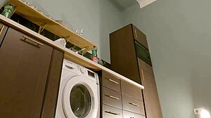 hot brunette babe kitchen tease panties bra miniskirt shaved pussy reveal voyeur underwear strip 😏🔥