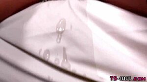 Busty shemale in lingerie masturbates to massive cumshot