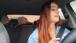 rideshare driver catches passenger jerking off gives him car handjob blowjob creampie dirty talk flashing redhead