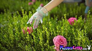 😍 redhead milf miranda strips naked in garden posing her petite tits and pussy 🔥🌿