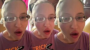 Kinky glasses girl chews asmr bubble gum for headphones