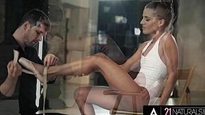 Hot Ballerina Eveline Dellai Jerks Cock with Feet Until Explosive Cumshot