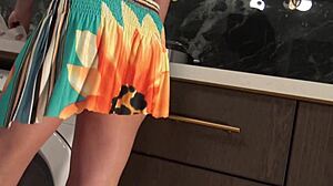 hot brunette babe kitchen tease panties bra miniskirt shaved pussy reveal voyeur underwear strip 😏🔥