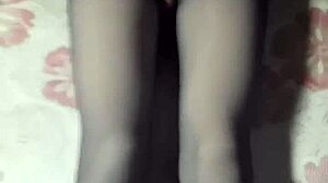 hey crossdresser jerking off hard in black pantyhose short jeans