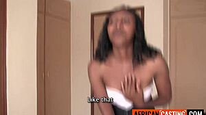 ebony model's fat tits bounce as pussy stretches in rough casting