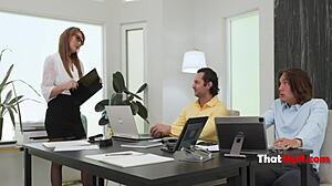 Milf boss blackmailed into hot mmf office threesome