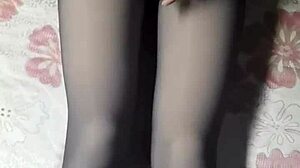 hey crossdresser jerking off hard in black pantyhose short jeans