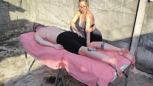 wet milf mommy gets outdoor massage turning into bareback pussy pounding