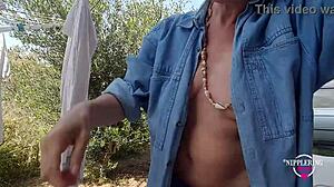 kinky mother flashes pierced nipples and plays outdoors in see-through tease