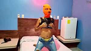 Masked Brunette Stepsis Shakes Hips Naked in Hotel