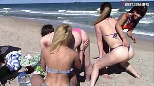 slutty bikini teens flash asses on beach then suck big cocks 😈🍑👙