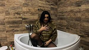 Milfycalla pees in bathtub fur coat pantyhose JOI orgasm preview 😜🚿💦