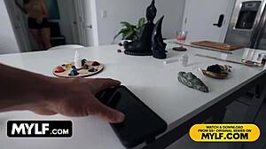 Stepson's Cock Gets Stepmom's Yoga Massage in Kitchen Pound.