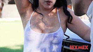 Brunette milf elizabeth marquez slams boss cock with intense outdoor blowjob frenzy