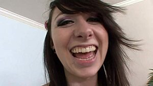 Brunette teases with shaved pussy on big white dick