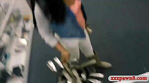 ebony babe sneaks blowjob then pounded hard by pawn keeper spying cam