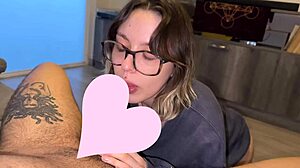 quiet nerdy brunette gags on monster cock with sloppy deepthroat ball licking