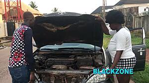Stranger fixes her car then enjoys big ebony tits