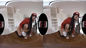 Shaved brunette bombshell takes taboo pov assfucking on big natural boobs