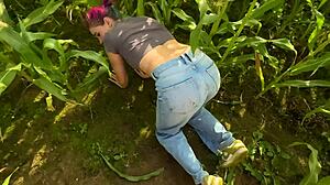 imagine that pink-haired beauty riding hard in the cornfield getting pounded raw outdoors