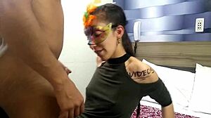 Skinny Latina babe drools deep on huge cock closeup