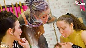 Four dominant girls force one guy to be their living toilet slave