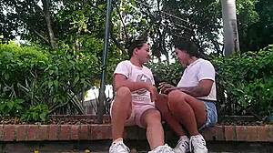 Two horny colombian lesbians finger wet pussies in public park