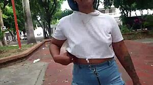 Two horny colombian lesbians finger wet pussies in public park