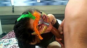 Skinny Latina babe drools deep on huge cock closeup