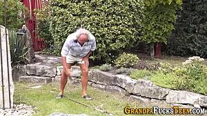 young teen slut grinds old grandpa's cock reverse cowgirl to facial finish