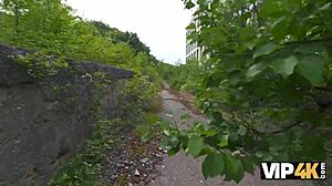 Watch tight Russian teen girlfriend's pussy stretched outdoors in cuckold POV