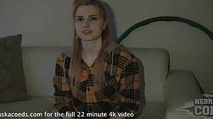 nervous hot ginger spinner fingers her small tits on first time casting sofa