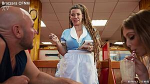 Curvy brunette lucy foxx and indica flower titty fuck cumshot pov in diner with piercings