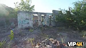 Watch tight Russian teen girlfriend's pussy stretched outdoors in cuckold POV