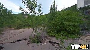 Watch tight Russian teen girlfriend's pussy stretched outdoors in cuckold POV