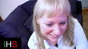 blonde milf light eyes rides cock then takes anal cumshot on belly