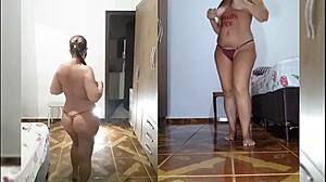 red lingerie slut strips panties for dildo ass play