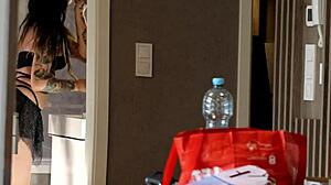 hey, this tattooed cheerleader babe teases her skirt pussy in bathroom