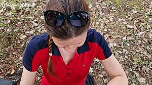 Shy Russian Neighbor's Slobbery Woods Blowjob